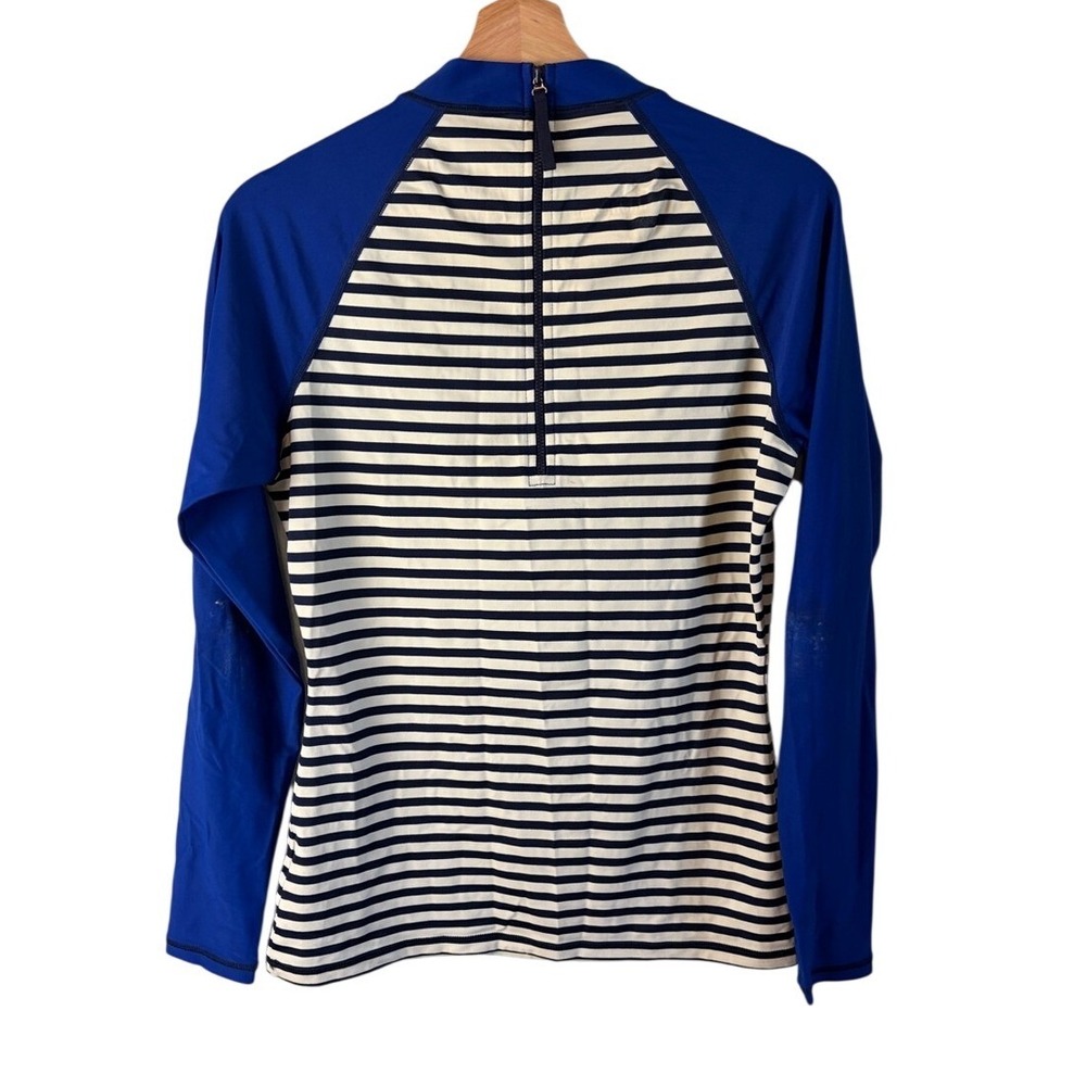 J. Crew Factory Rash Guard Navy White Striped Women Large UPF 50+ Zip Back Top